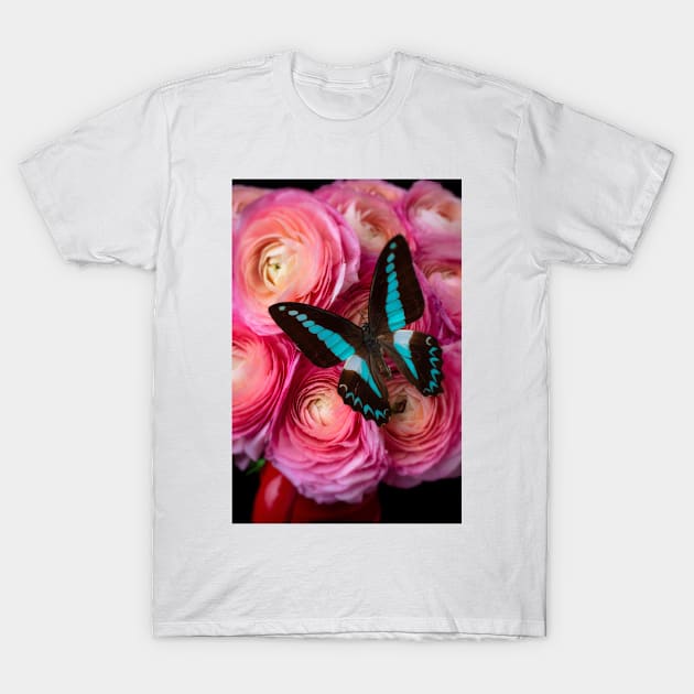 Blue Butterfly On Pink Ranunculus T-Shirt by photogarry